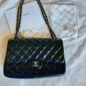 Chanel  Bag Patent Quilted Jumbo Double Flap Navy